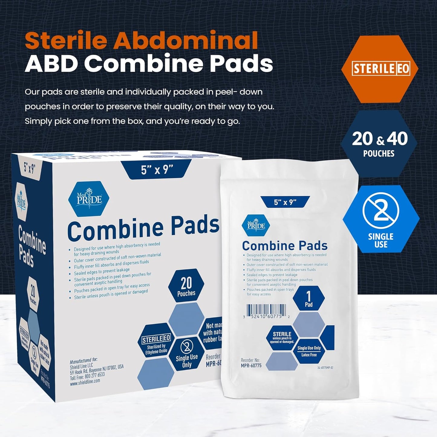 MedPride Sterile Abdominal- ABD Combine Pads,5x9 Inches | For Heavy Draining Wounds, 20/Box, Case of 20 (400 Count)