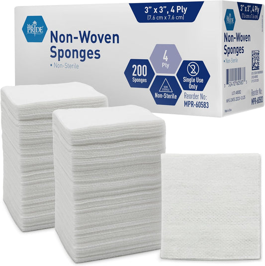 MedPride Non-Woven Surgical Sponges, First Aid Wound Care Dressing Sponge Non-Sterile - 3"x3" - 4 Ply, 200/Box, Case of 20 (4000 Count)