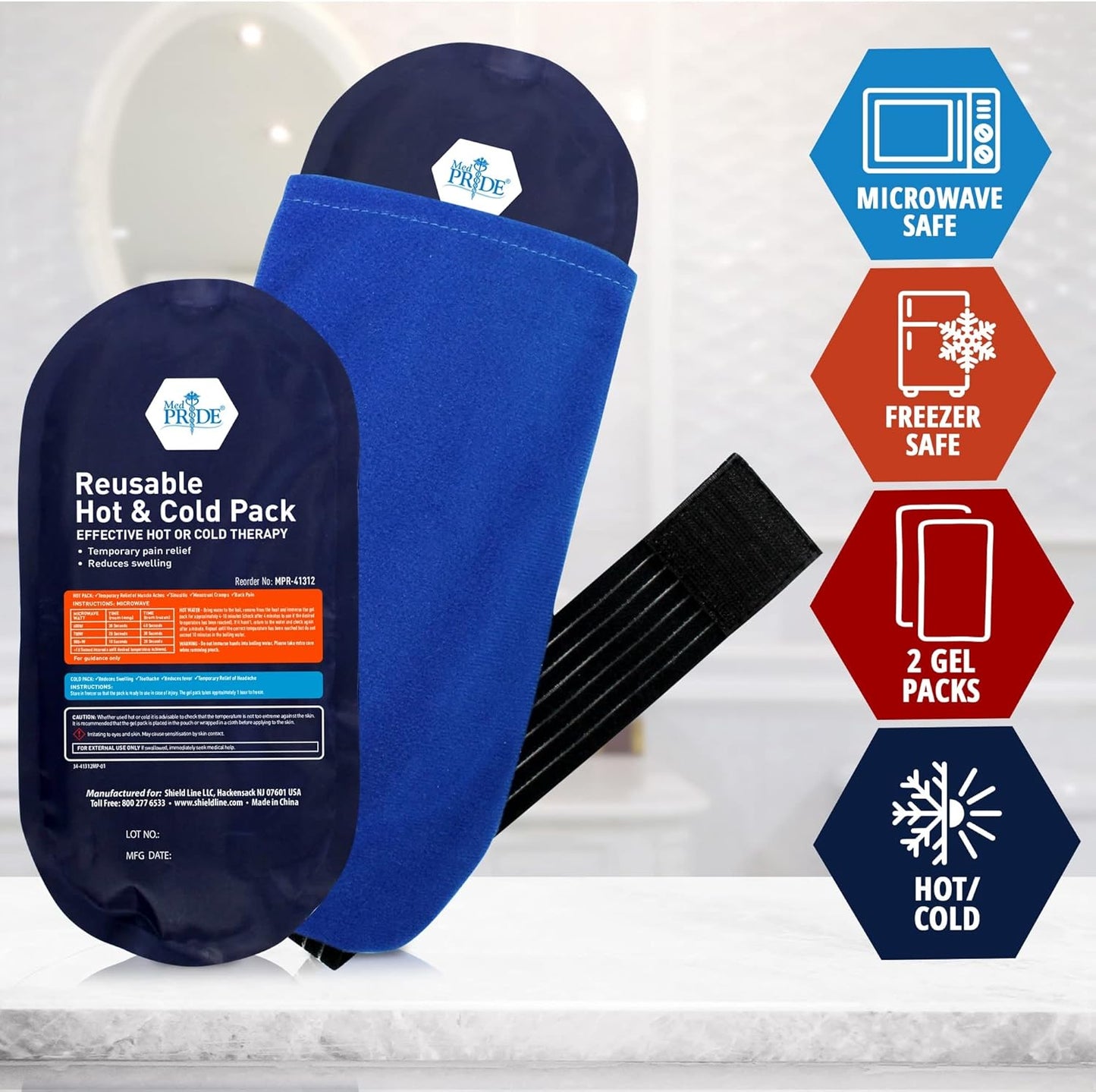 MedPride Reusable Hot and Cold Packs Set - 10.4" x 5.3" w/Sleeve & Belt - 24 bxs/cs.
