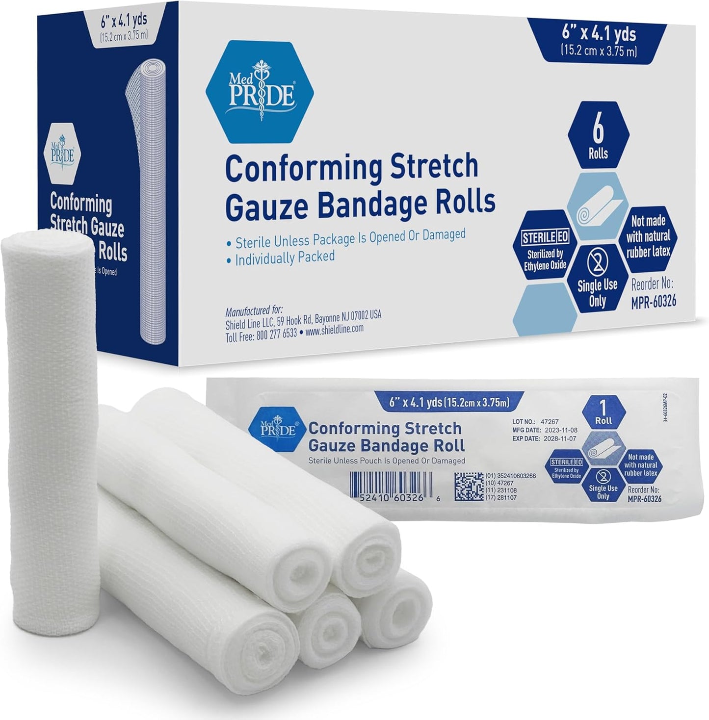 MedPride Conforming Stretch Gauze Bandage Roll - Sterile - 6"x4.1 yds - 6 Rolls/Box, Case of 8 (48 Count)