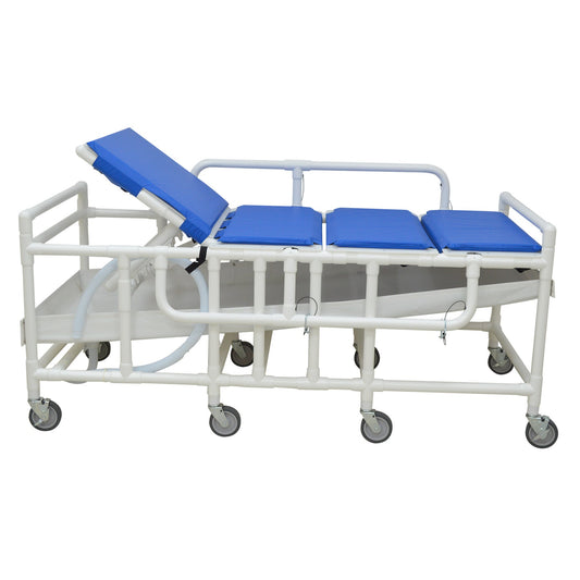 MJM International 910-DB Bariatric shower gurney with three position elevating headrest, close cell water proof foam pad, drain pan & drain hose, 900 lbs weight capacity