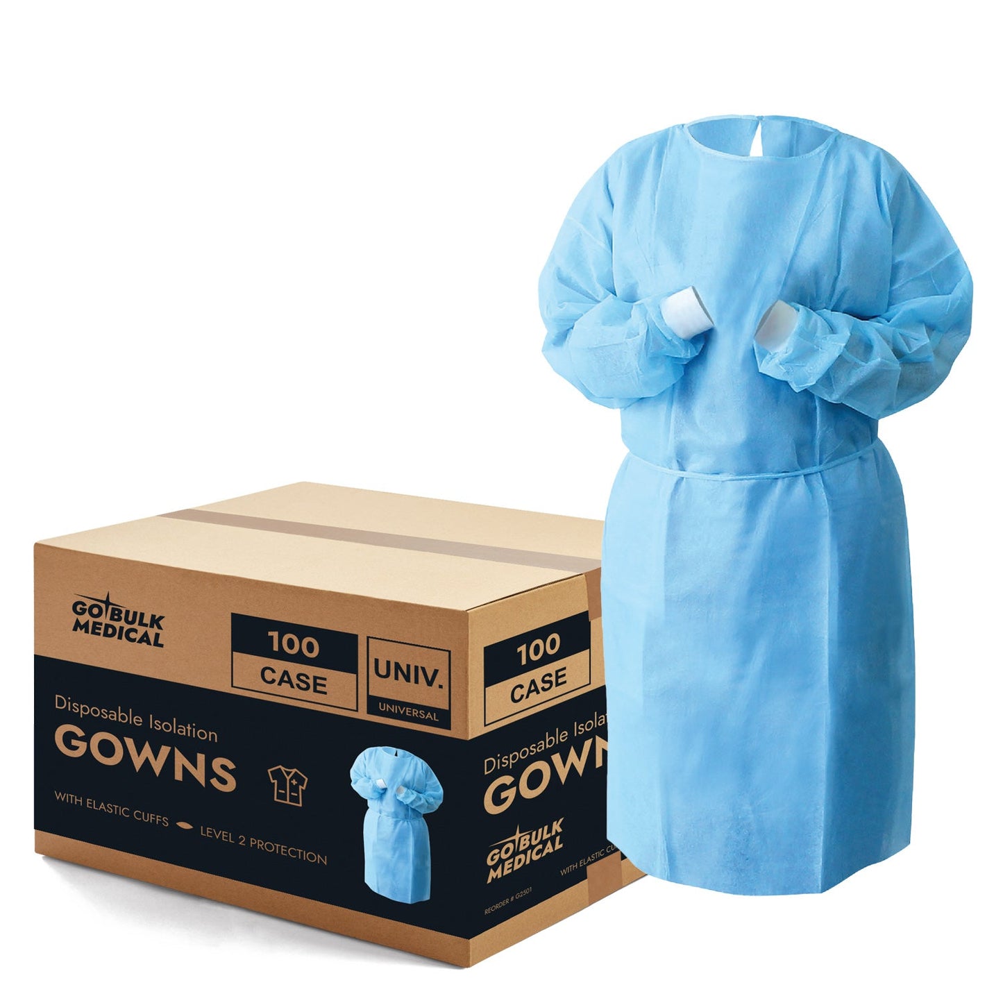 Disposable Isolation Gowns with Elastic Cuffs - Universal Size, Level 2, 100/Case