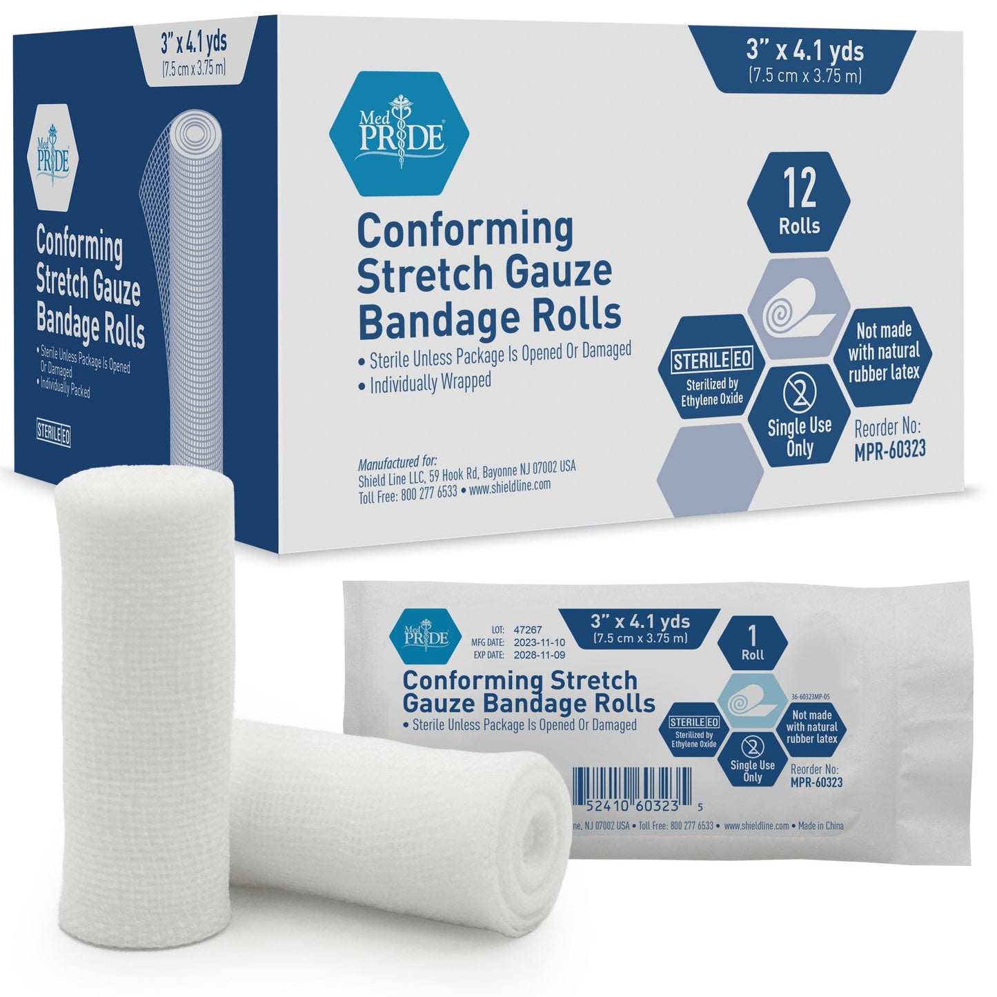 MedPride Conforming Stretch Gauze Bandage Roll, Sterile - 12 Rolls/Box, Case of 8 (96 Count)