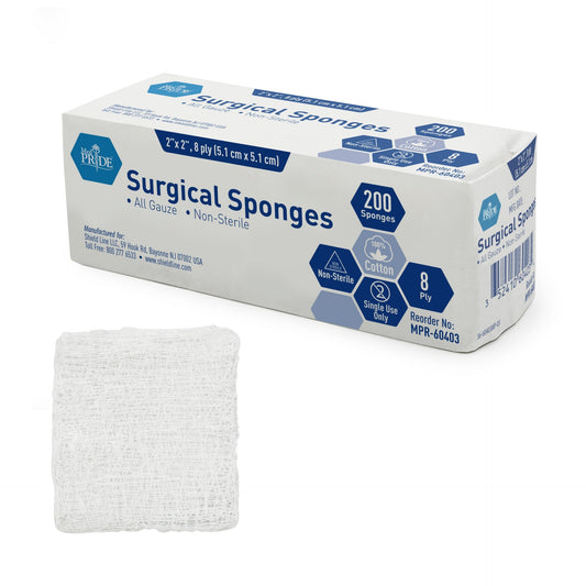 MedPride All Gauze Sponge N/S - 2"x 2" - 8Ply, 5M, 200/Box, Case of 25 (5000 Count)