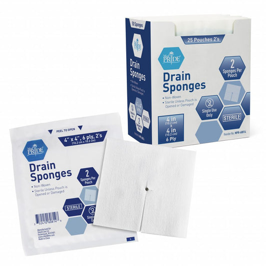 MedPride Sterile Drain Sponge 4"x4" 2's, 6-Ply, 25/box, Case of 12 (600 Count)
