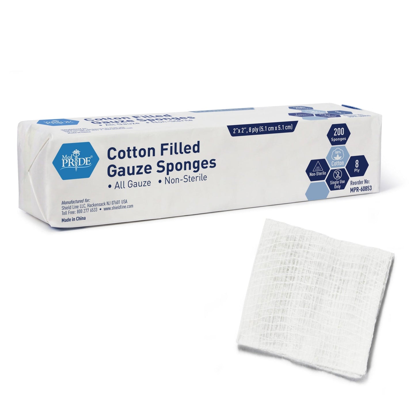 MedPride Non-Sterile Cotton Filled Gauze Sponges 2" x 2", 8Ply - 200/Box, Case of 25 (5000 Count)