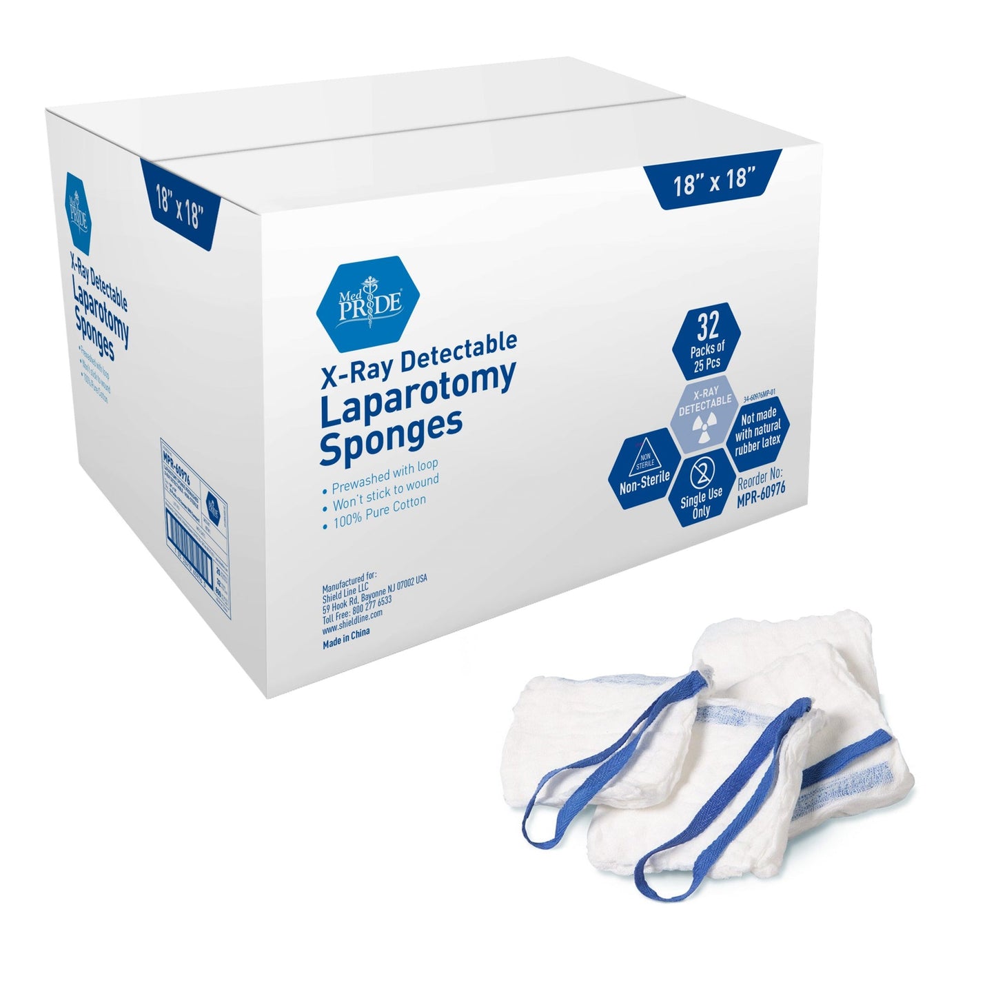 MedPride Laparotomy Sponge, Prewashed - Non Sterile - X Ray Det 18"x18", 32 Pack of 25pcs. Case of 5 (4000 Count)