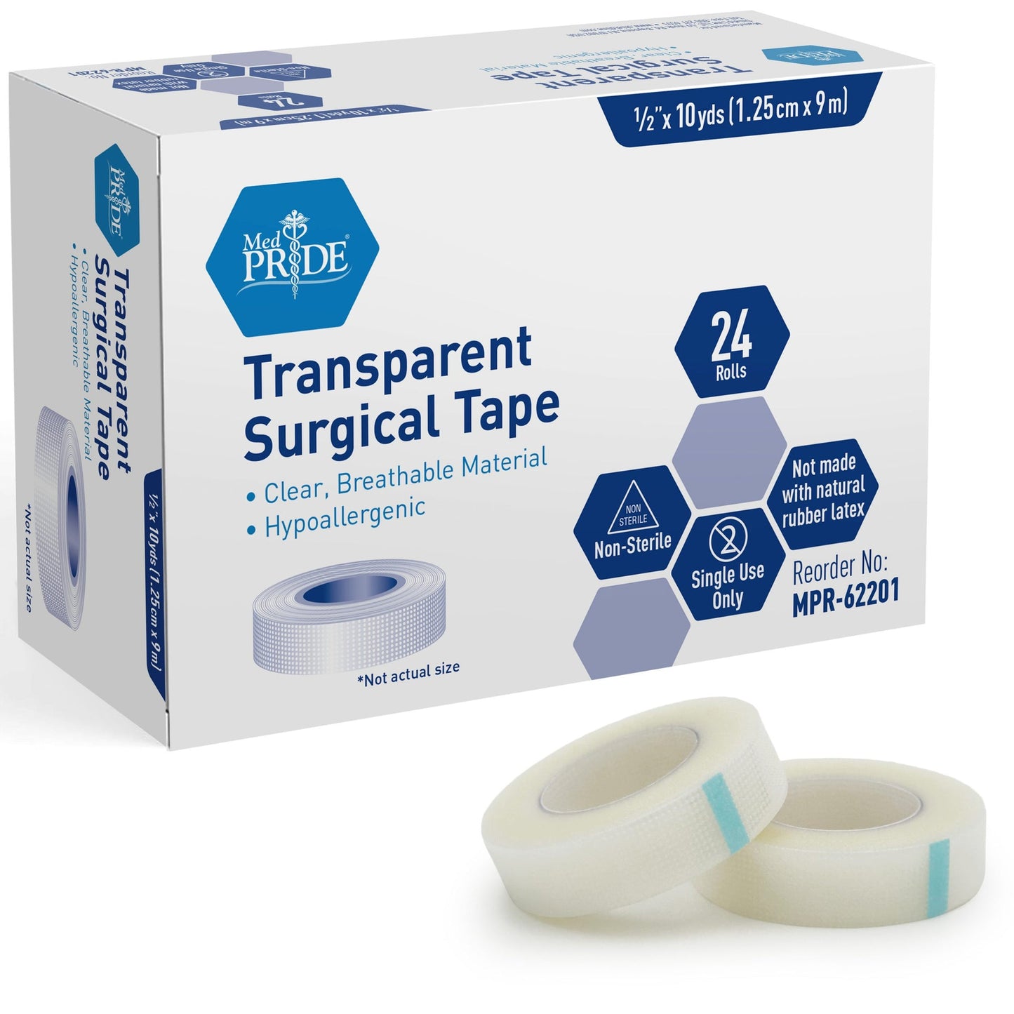 MedPride Clear Surgical Tape, 1/2" x 10 yds - 24/Box, Case of 12 (288 Count)