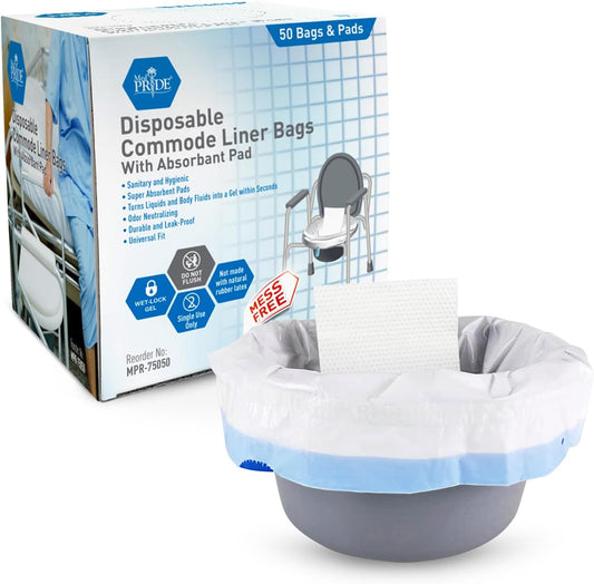 MedPride Disposable Commode Liner Bags with Absorbant Pads, Universal Size, 50 bags and pads  / Case of 12 (600 count)
