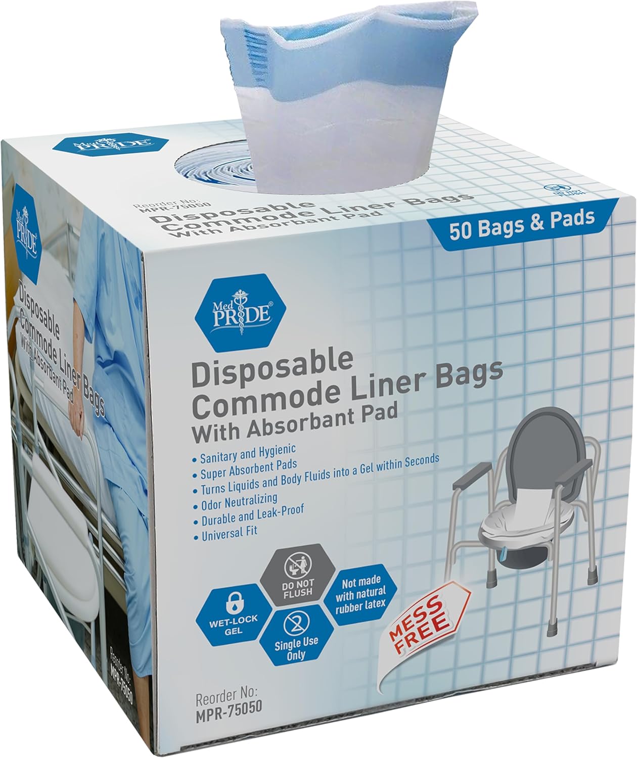 MedPride Disposable Commode Liner Bags with Absorbant Pads, Universal Size, 50 bags and pads  / Case of 12 (600 count)