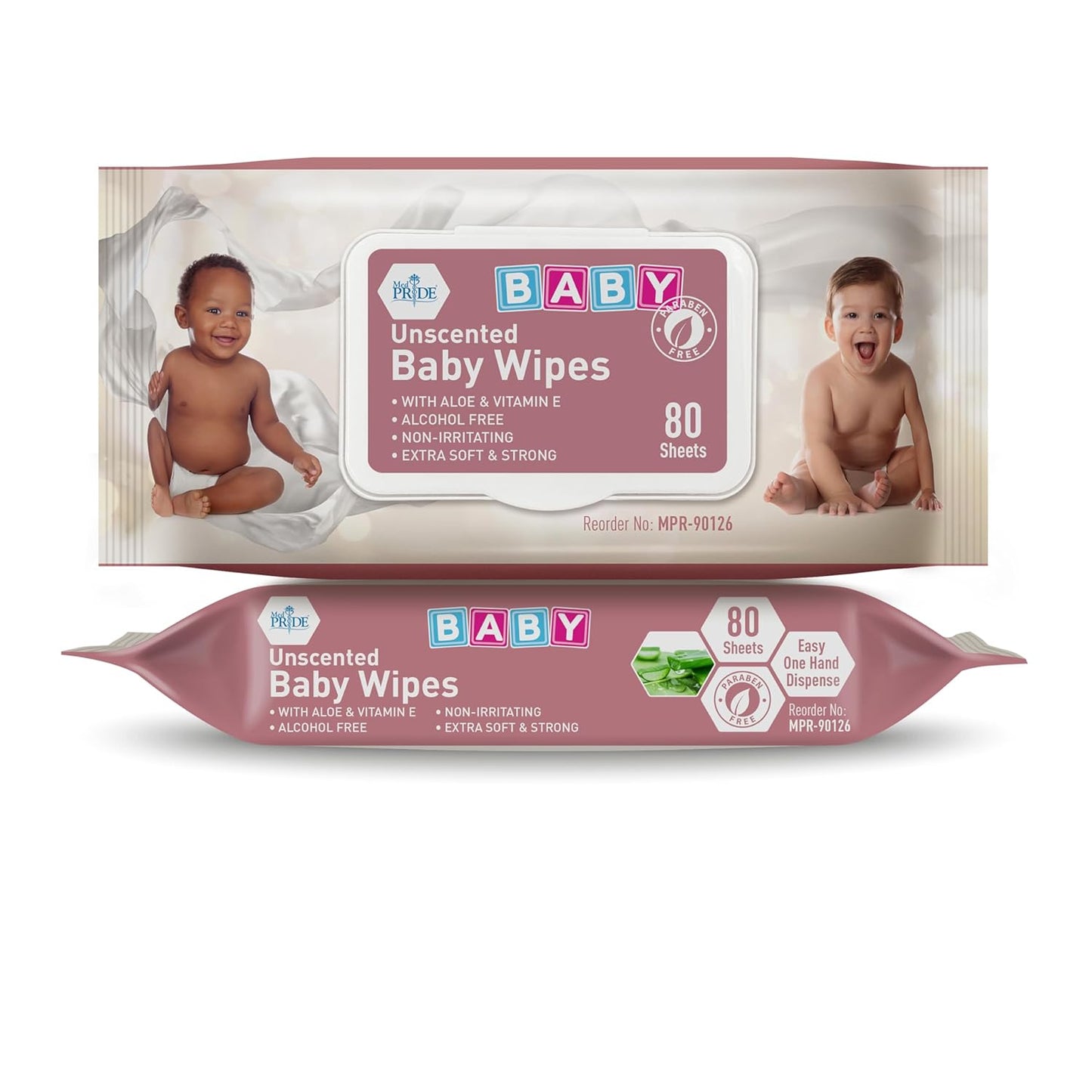 MedPride Baby Wipes, Unscented with Aloe Vera and Vitamin E, Pink 6" x 7.5", 80/Pack, Case of 24 (1920 count)
