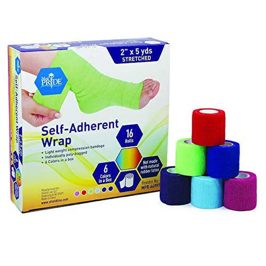 Medpride Self-Adherent Wrap, 2"x5" yds. - Rainbow - Latex Free - 16 rolls/Box, Case of 20 (320 Count)