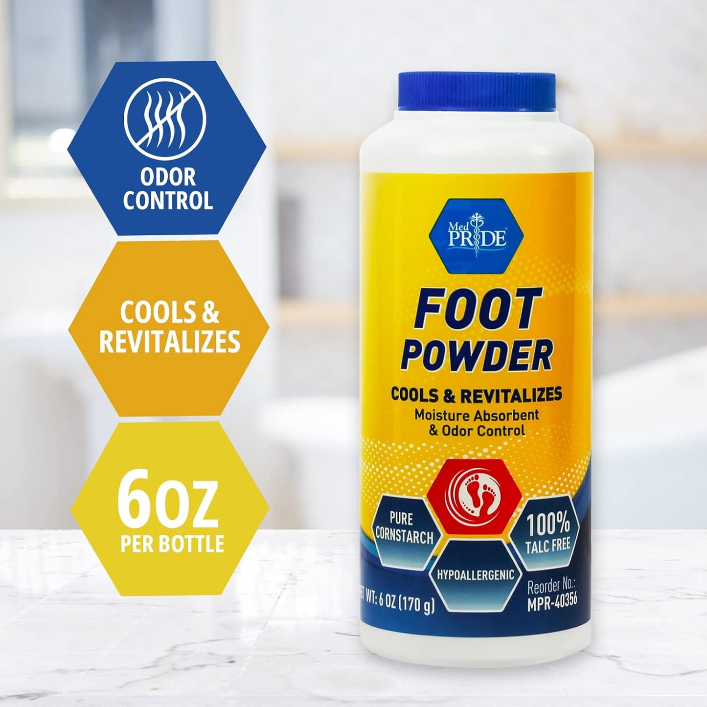 MedPride Cooling Foot Powder Talc Free Odor Absorber Shoe Deodorizer, 6 Oz w/seal - 36/cs.