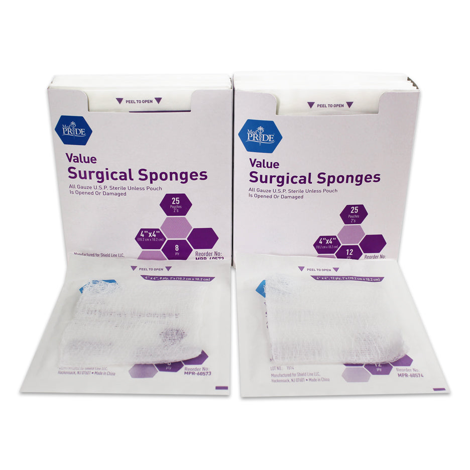 MedPride Value Gauze Surgical Sponges -Sterile - 2's, 4"x4" - 8 Ply - 25/box, Case of 24 (1200 Count)