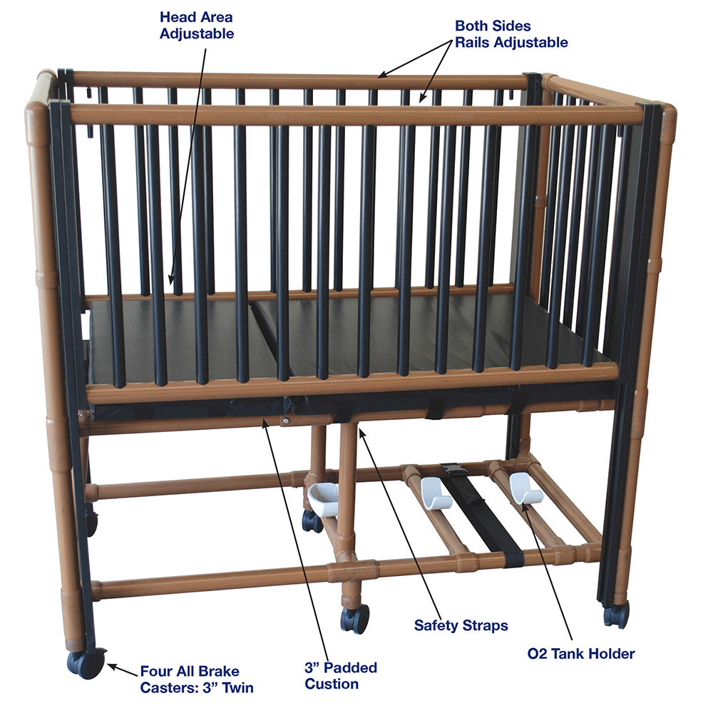 MJM International WT985 Wood tone pediatric crib bed with adjustable side rails, O2 tank holder, 3" cushion