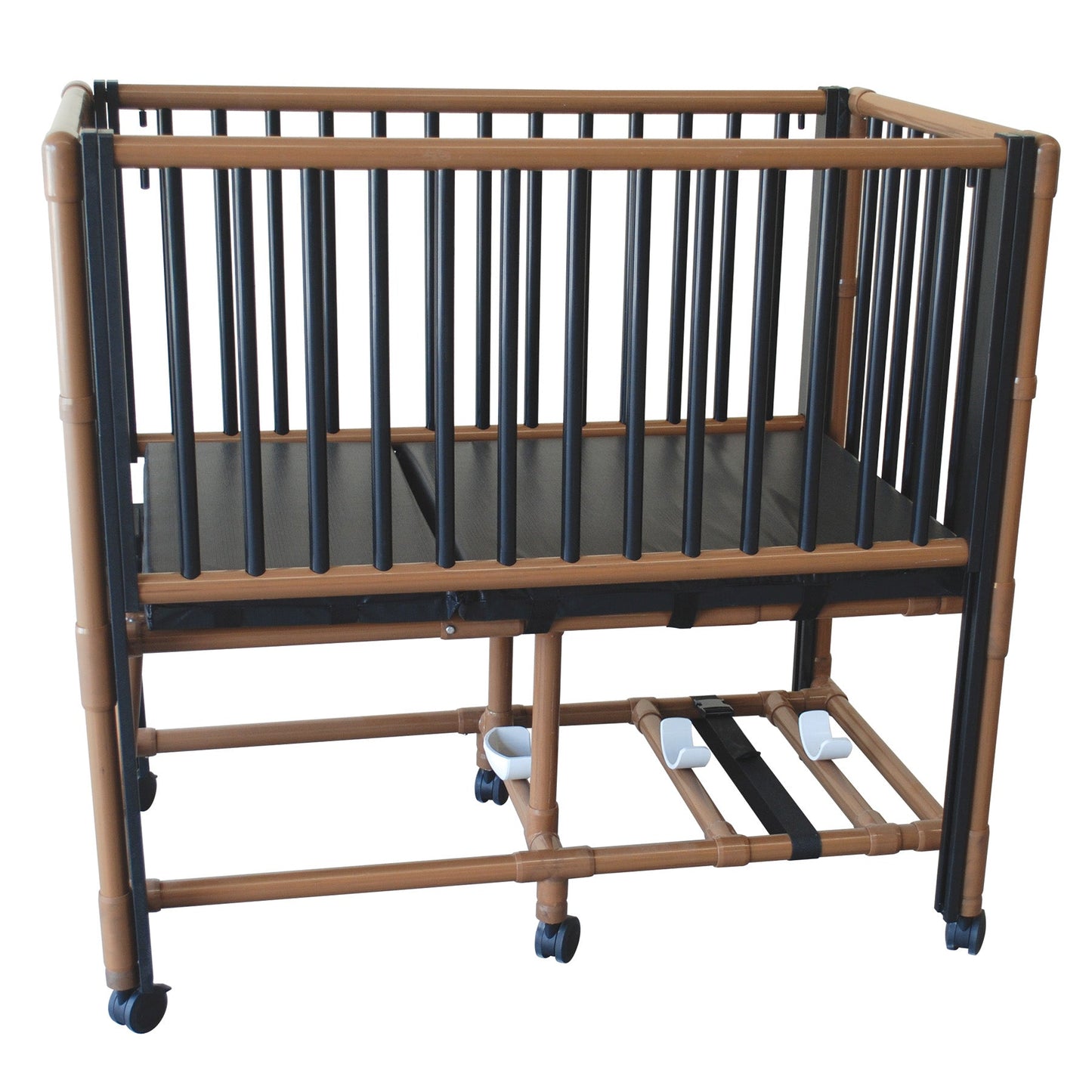MJM International WT985 Wood tone pediatric crib bed with adjustable side rails, O2 tank holder, 3" cushion