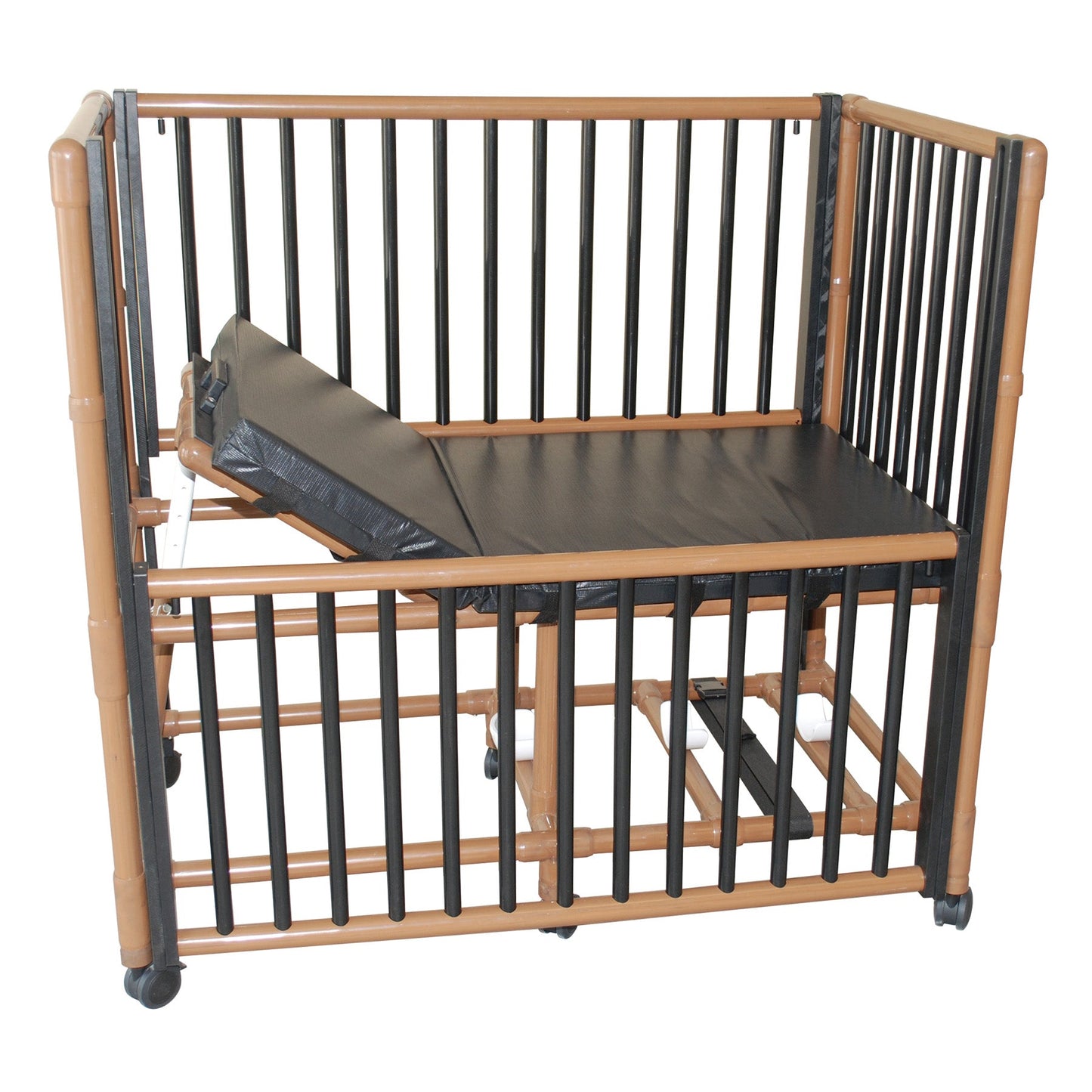 MJM International WT985 Wood tone pediatric crib bed with adjustable side rails, O2 tank holder, 3" cushion