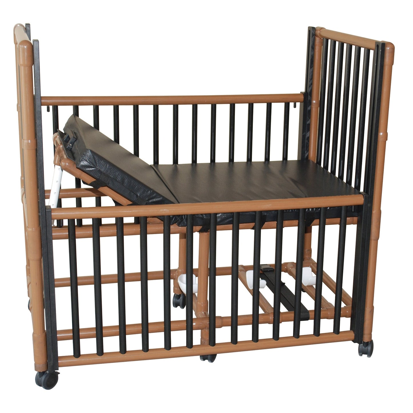 MJM International WT985 Wood tone pediatric crib bed with adjustable side rails, O2 tank holder, 3" cushion