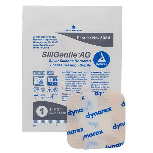 Dynarex SiliGentle AG - Silver Silicone Bordered Foam Dressing, 10ea/bx, 5bxs/cs (50 Count)