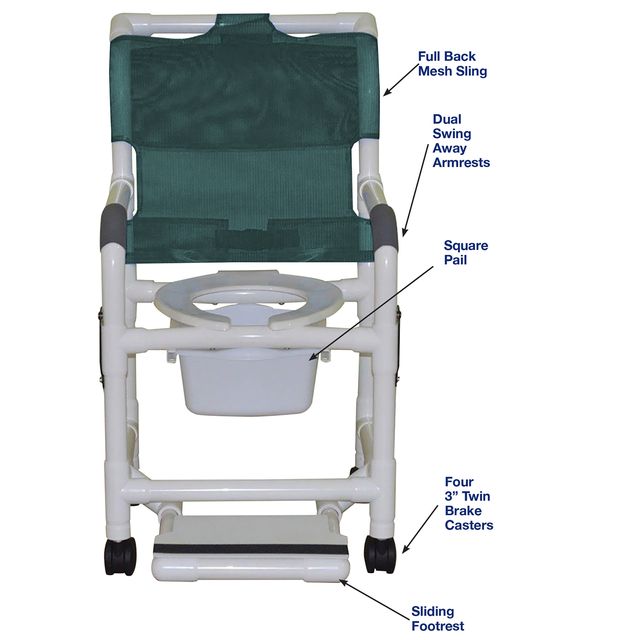 MJM International 118-3TW-DDA-SF-SQ-PAIL Shower chair 18" internal width, open front seat, 3" twin casters, with double drop arms, slide out footrest and 10 qt slide out square commode pail, 300 lbs weight capacity