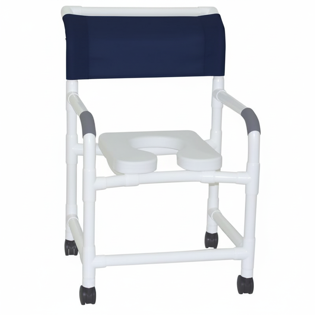 MJM International 122-3TW-SSDE Wide Shower Chair 22" Internal Width, 3" Twin Casters, Deluxe Elongated Open Front Soft Seat, 375 lbs Weight Capacity