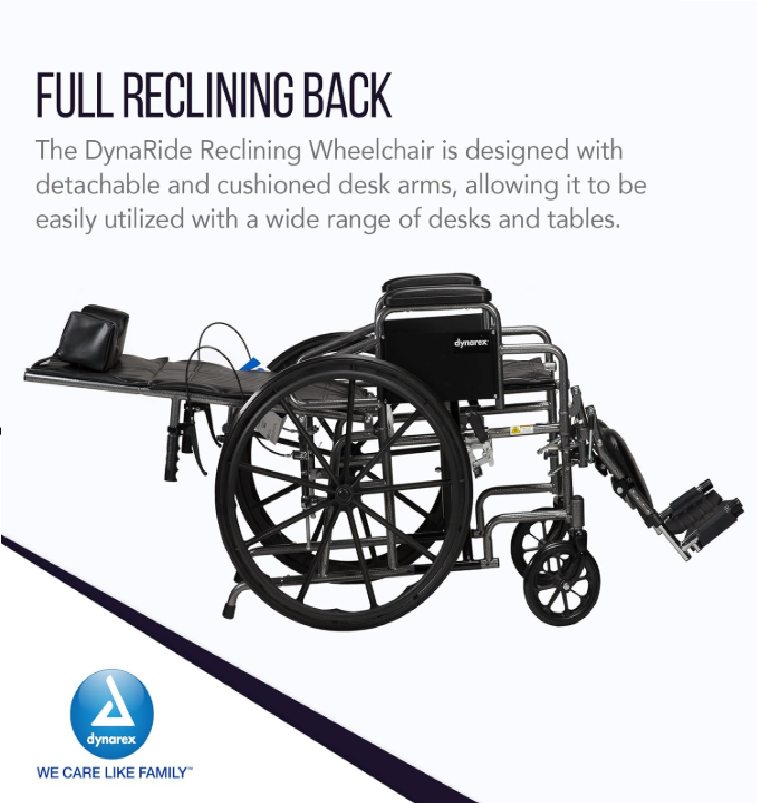 Dynarex DynaRide Reclining Wheelchair with Detachable Desk Armrests, Silver Vein Finish