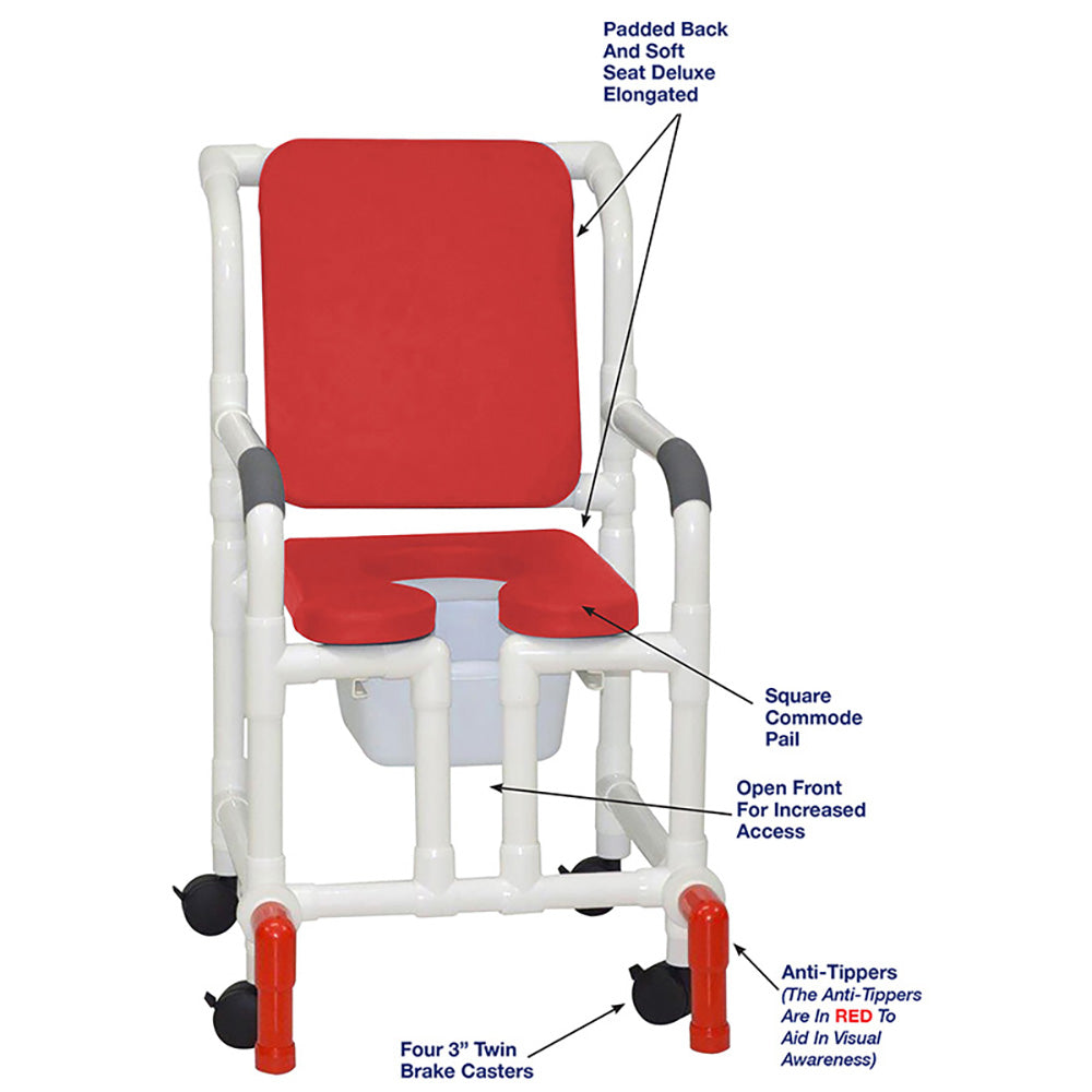 MJM International 118-3TW-SSDE-CBP-RD-OF-SQ-PAIL-AT Shower Chair With Soft Seat Deluxe Elongated, Cushion Back, Open Front, Square Pail And Anti-Tippers