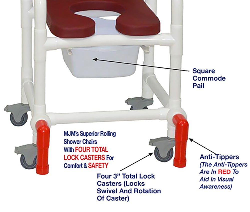 MJM International 118-3TL-SSDE-CBP-BG-10-QT-C-AT Shower Chair With Total Lock Casters, Soft Seat Deluxe Elongated, Cushion Back, Square Pail, and Anti-Tippers