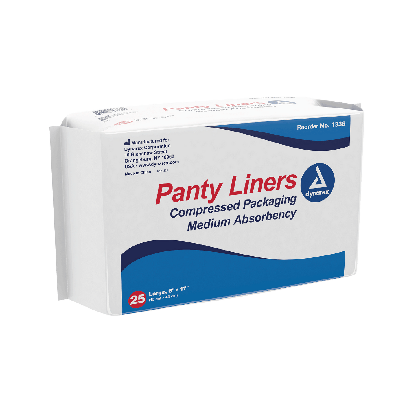 Dynarex Panty Liners w/ Adhesive Tab, 6" x 17", 25ea/bx, 10bxs/case (250 Count)