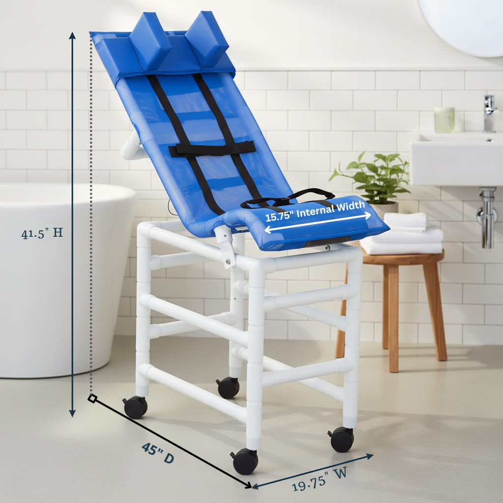 MJM International 191-LC-B-HB Reclining Bath Chair Large with Double Base and Head Bolster, 180 lbs Capacity, 41.5" Seat Height x 45" Length x 19.75" Width, Royal Blue