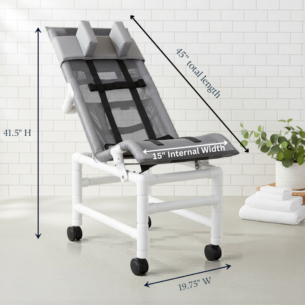 MJM International 191-LC-HB Reclining bath / shower chair (LARGE), with dual base & casters, head bolster, 180 lbs weight capacity