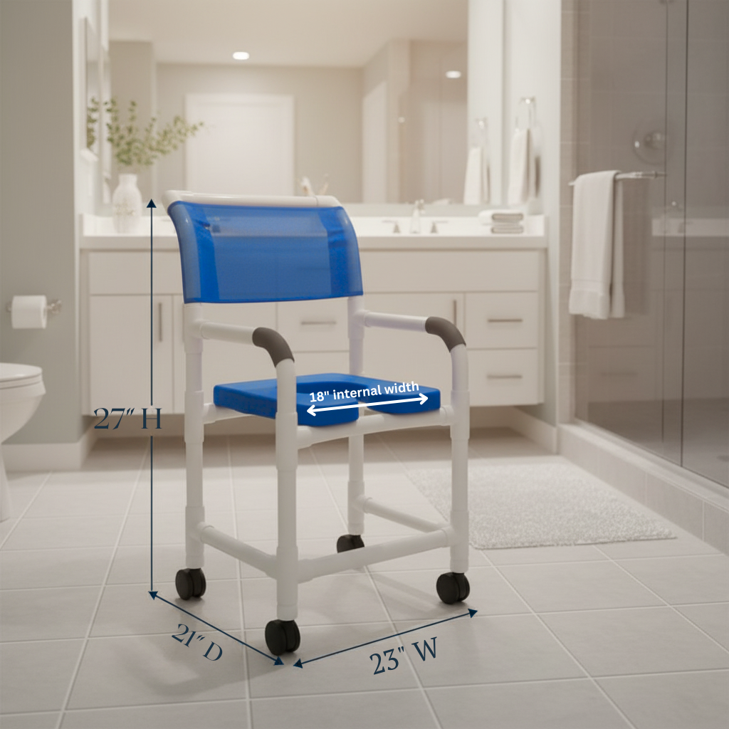 MJM International 118-3TW-SSDE-BL Shower Chair 18" Internal Width, 3" Twin Casters, Blue Open Front Soft Seat, 300 lbs Weight Capacity