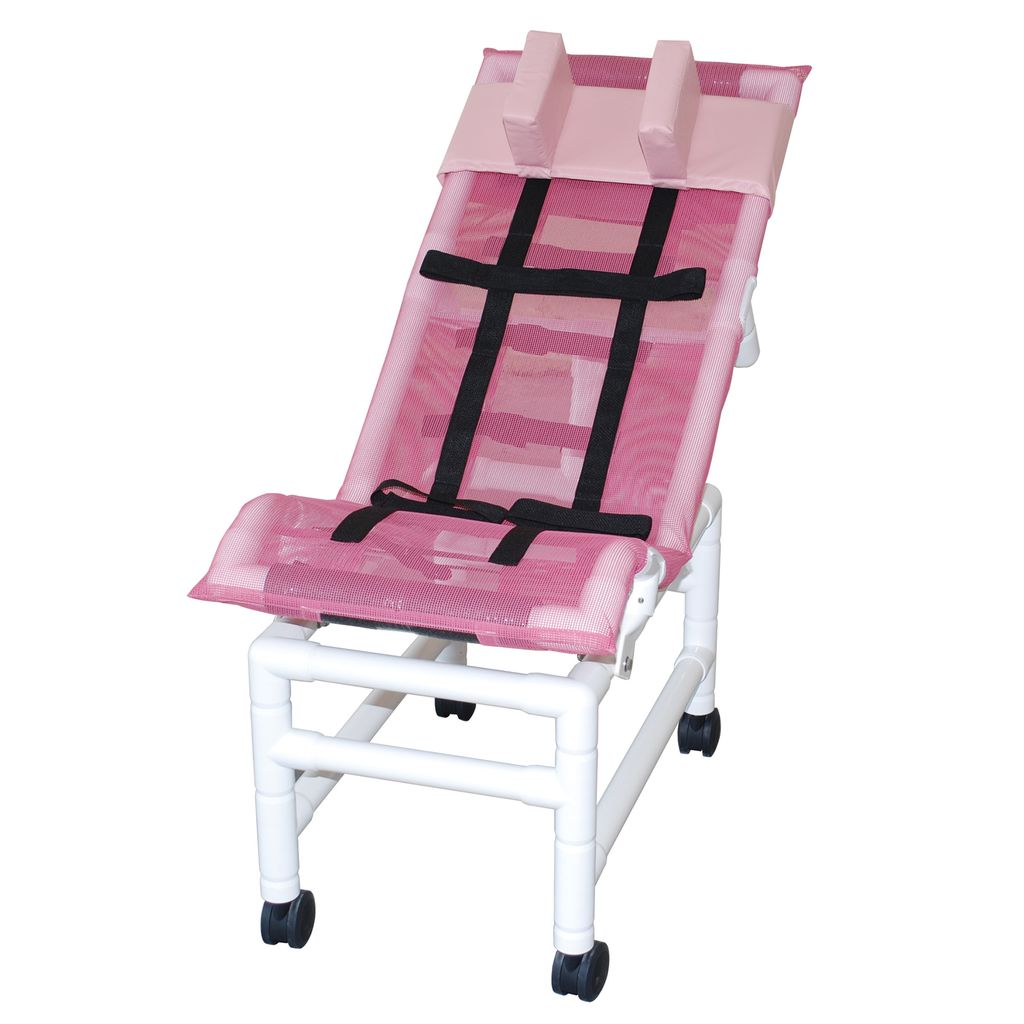 MJM International 191-LC-HB Reclining bath / shower chair (LARGE), with dual base & casters, head bolster, 180 lbs weight capacity