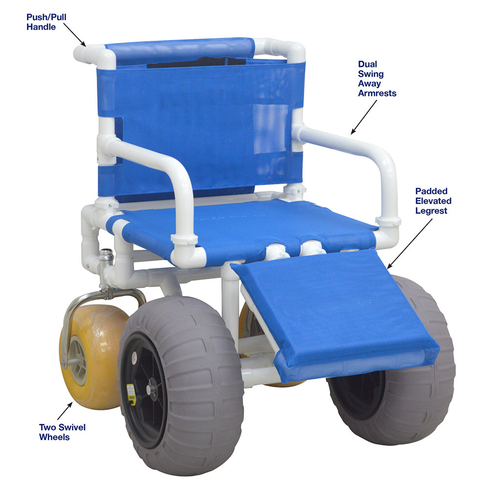 MJM International 722-ATC-ELR-YW-GRW-KD All Terrain Beach Wheelchair Heavy Duty Wheels Non-Corrosive Plastic Bearings, 2 Swivel And 2 Rigid Wheels, Padded Cushion Seat, User-Friendly Elevating Leg Rest