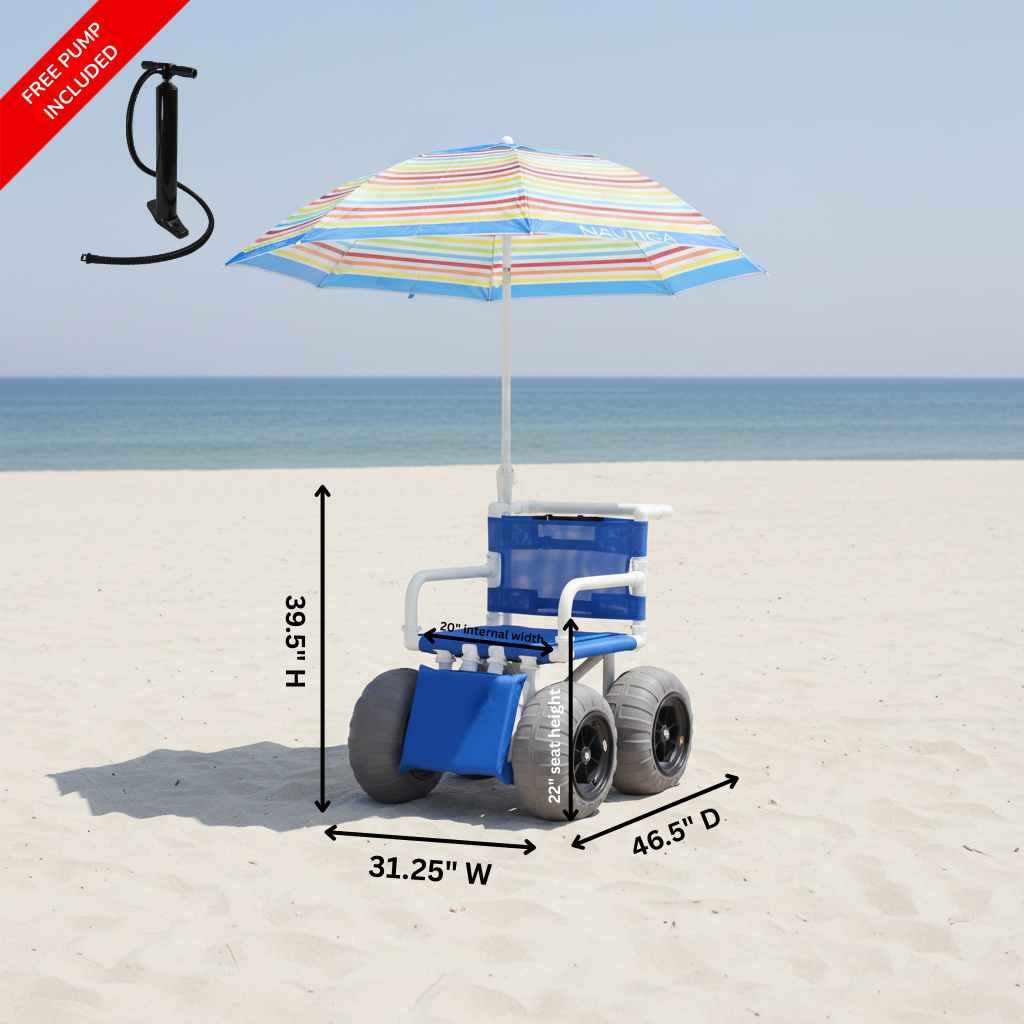 MJM International 722-ATC-ELR-YLW-GRYW-UMB-KD All Terrain Beach Wheelchair with Umbrella Heavy Duty Wheels Non-Corrosive Plastic Bearings, 2 Swivel And 2 Rigid Wheels, Padded Cushion Seat, User-Friendly Elevating Leg Rest