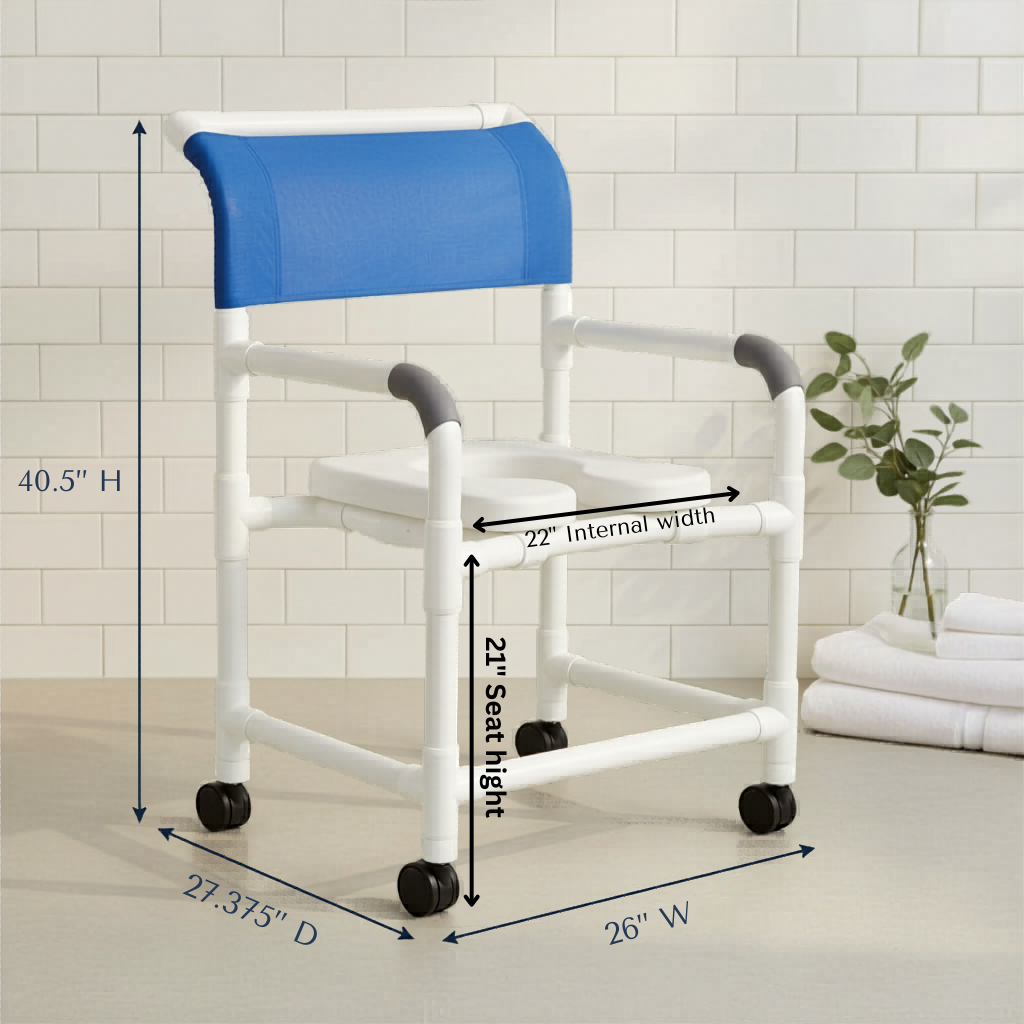 MJM International 122-3TW-SSDE Wide Shower Chair 22" Internal Width, 3" Twin Casters, Deluxe Elongated Open Front Soft Seat, 375 lbs Weight Capacity