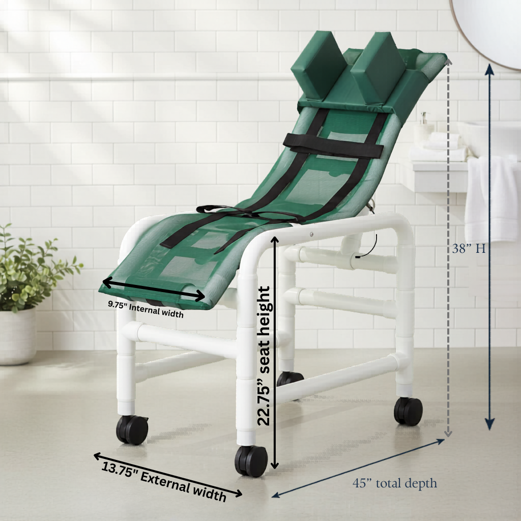 MJM International 191-MC-HB Reclining bath / shower chair (MEDIUM), with base & casters, with head bolster, 130 lbs weight capacity