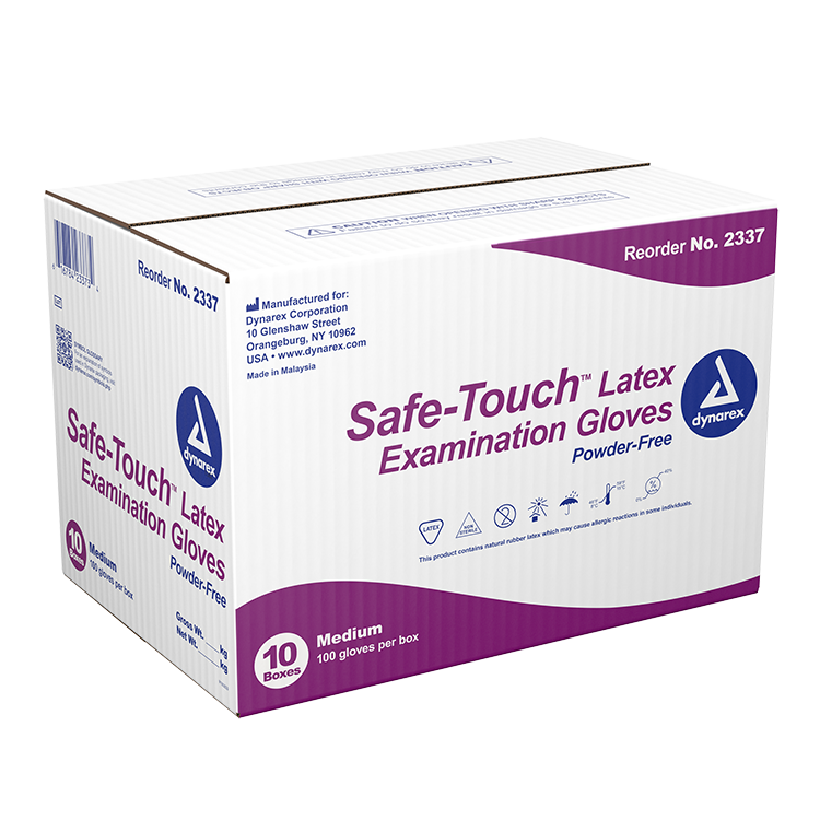 Dynarex Safe-Touch Latex Exam Gloves, Medium, Powder-Free, 10/100/cs