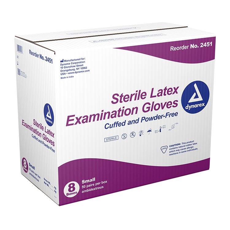 Dynarex Sterile Latex Exam Gloves, Small, Powder-Free, 8/50/cs