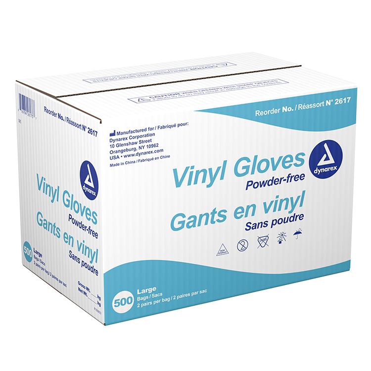 Dynarex Vinyl Exam Gloves In A Bag, Large, Powder-Free, Clear, 500/2pr/cs