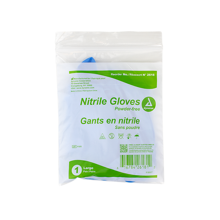 Dynarex Nitrile Exam Gloves In A Bag, Large, Powder-Free, Blue, 500/1pr/cs