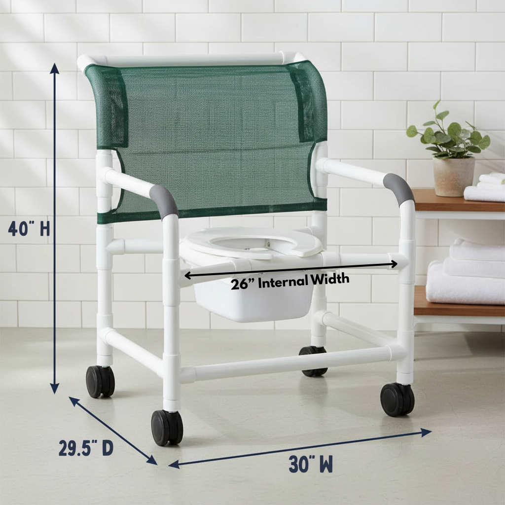 MJM International 126-4-NB Extra-wide Shower Chair 26" Internal Width, Open Front Seat0 Qt. Slide Out Commode Pail, 425 Lbs Weight Capacity