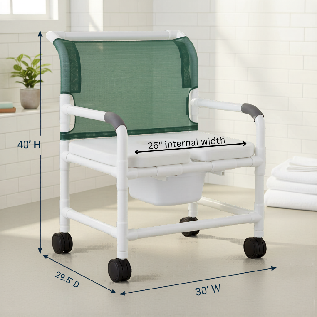 MJM International 126-4-NB-FSSS Extra-wide Shower Chair Fixed Arms PVC Frame Mesh Backrest with Pushbar 26 Inch Seat Width 425 lbs. Weight Capacity