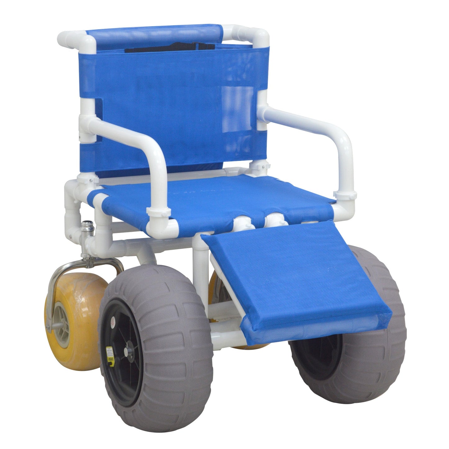 MJM International 722-ATC-ELR-YW-GRW-KD All Terrain Beach Wheelchair Heavy Duty Wheels Non-Corrosive Plastic Bearings, 2 Swivel And 2 Rigid Wheels, Padded Cushion Seat, User-Friendly Elevating Leg Rest