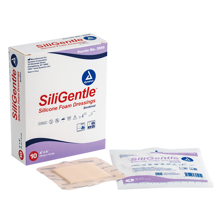 Dynarex SiliGentle - Silicone Bordered Foam Dressing, 4" x 4", 12/10/cs