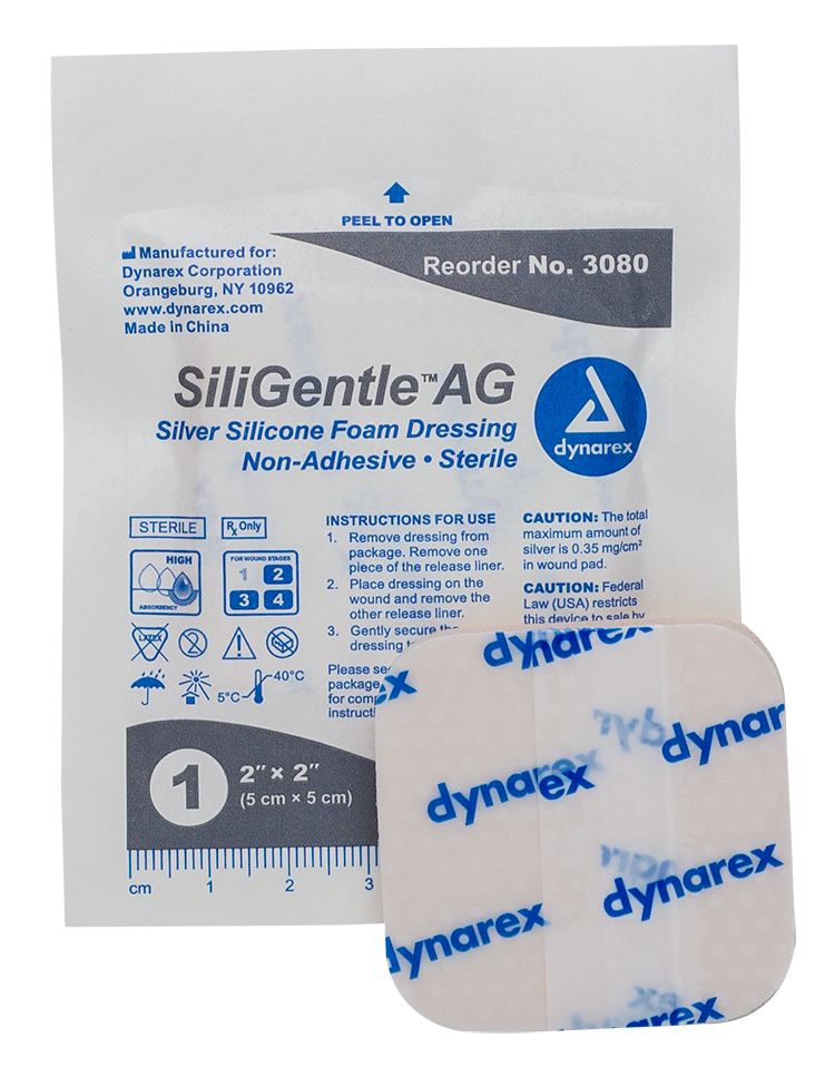 Dynarex SiliGentle AG - Silver Silicone Foam Dressing, 2" x 2", 5/10/cs