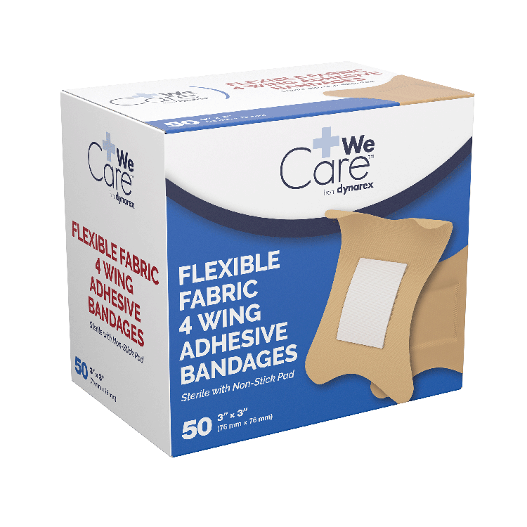 Dynarex Adhesive Fabric Bandages Four Wing - Sterile, 3" x 3", 24/50/cs