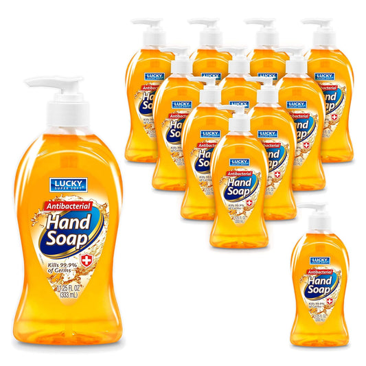 Lucky Super Soft Antibacterial Hand Soap, Cleansing Hand Wash Liquid with Pump, Value Pack, 12 bottles, 11.25 fl.oz.