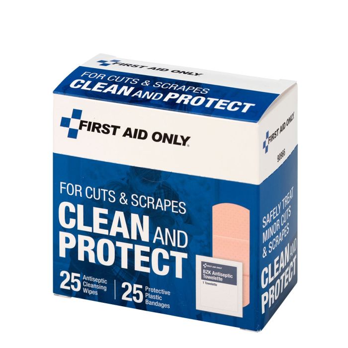 First Aid Only Clean And Protect For Cuts & Scrapes With 25 BZK Antiseptic Wipes And 25 Protective Plastic Bandages, 1"" X 3"" And 3/4"" X 3""