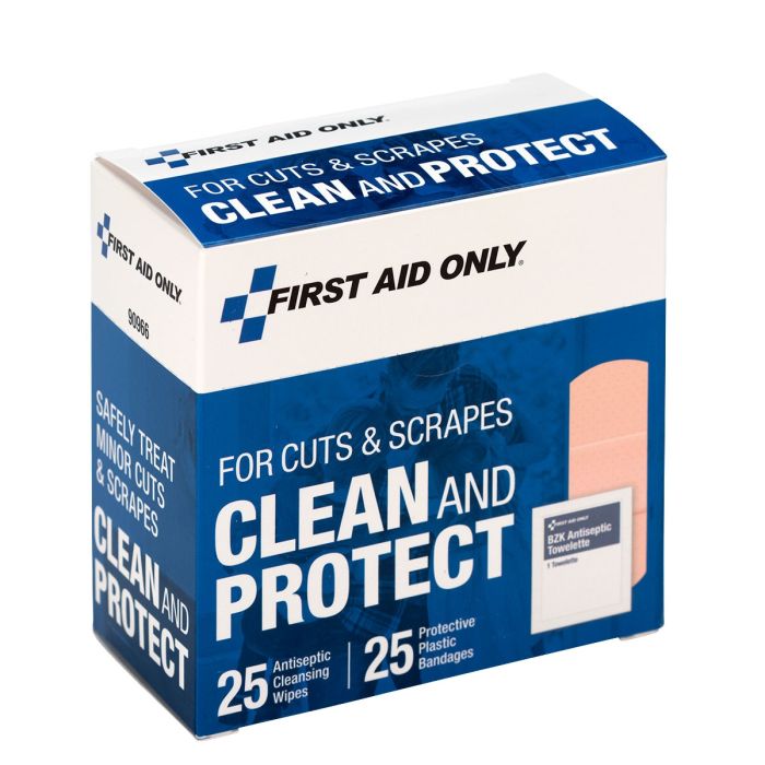 First Aid Only Clean And Protect For Cuts & Scrapes With 25 BZK Antiseptic Wipes And 25 Protective Plastic Bandages, 1"" X 3"" And 3/4"" X 3""